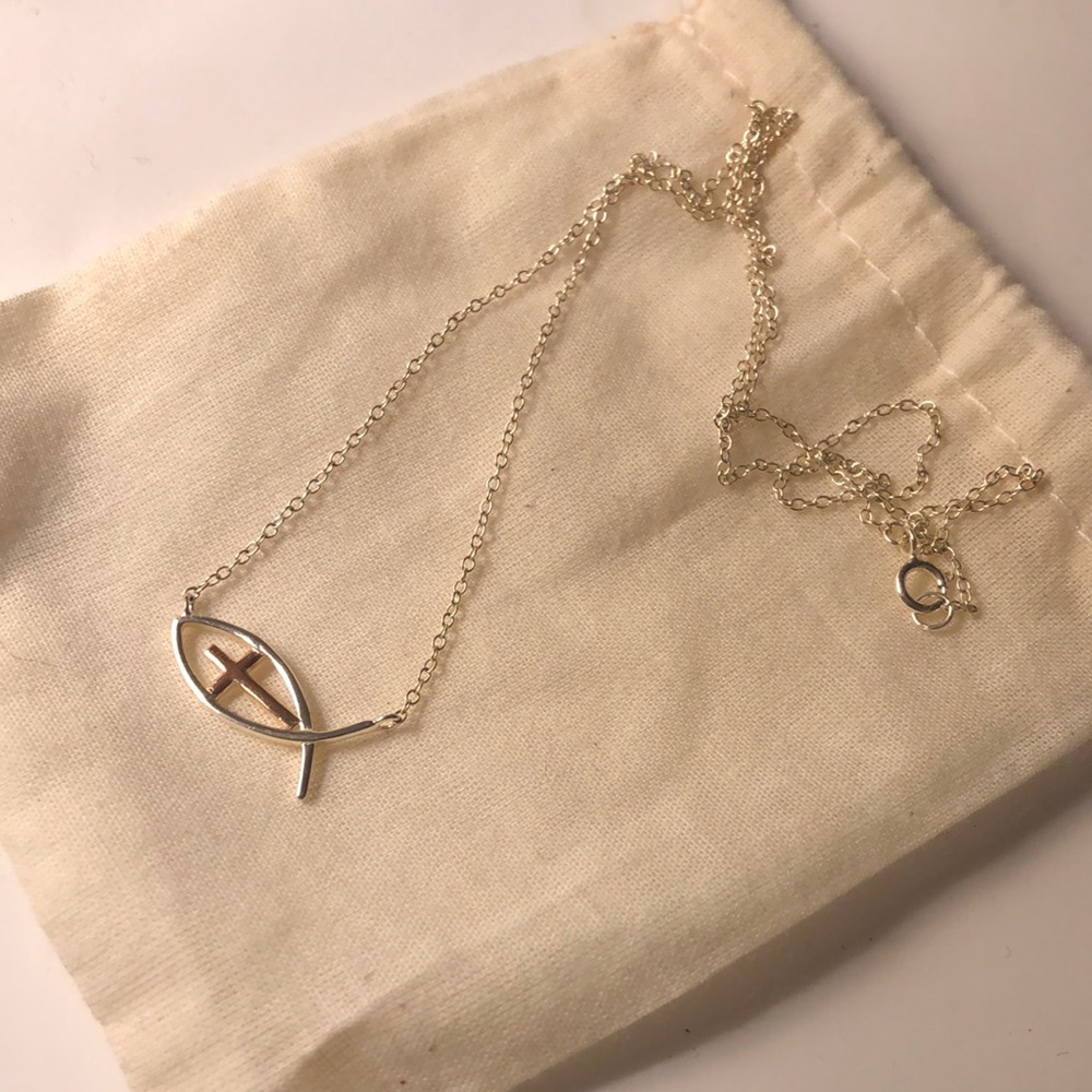 Sterling silver cross and fish necklace